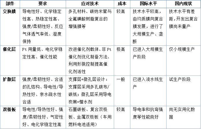 圖表 4 燃料電池電堆材料要求及應對技術